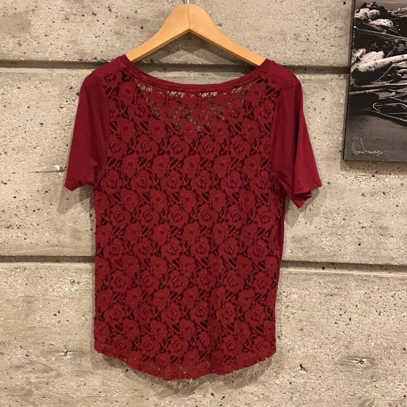 Deep red scoop neck top with sheer lace back - Picture 1 of 12